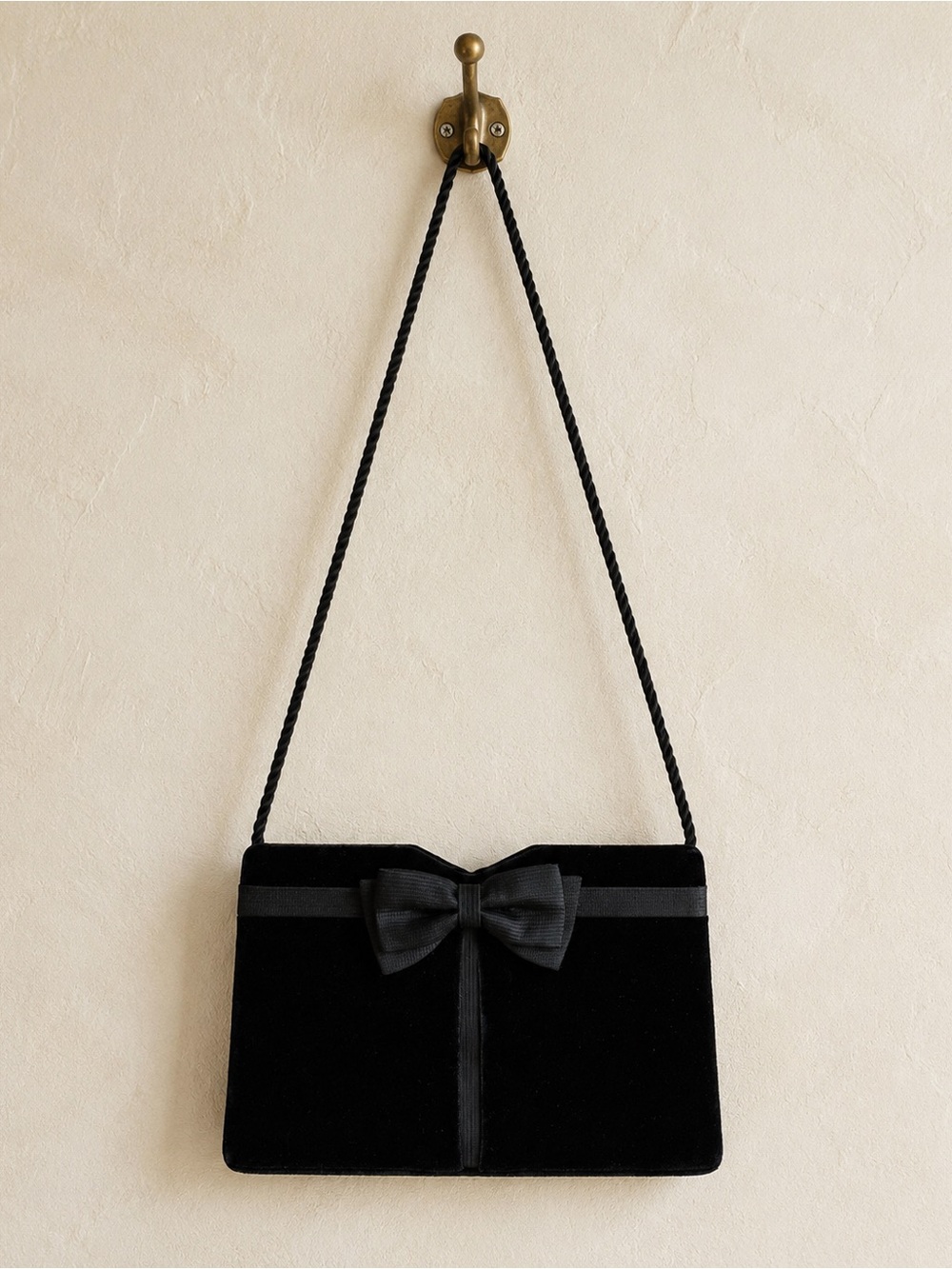 Neiman Marcus Vintage Black Velvet Bow Evening Bag Rope Strap 80s 90s
